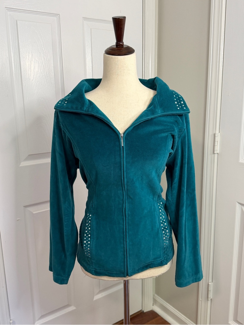 Alfred Dunner Teal Velour Zip-Up Jacket with Stud Accents